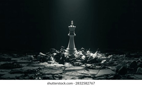 A dramatic, low-angle shot of a single white chess king, illuminated by a spotlight, standing tall over a pile of broken and defeated chess pieces on a dark, textured surface.