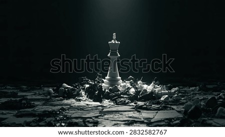 A dramatic, low-angle shot of a single white chess king, illuminated by a spotlight, standing tall over a pile of broken and defeated chess pieces on a dark, textured surface.