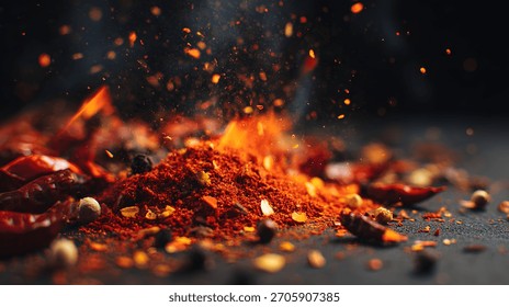 Dramatic macro shot of a fiery red chili powder mound erupting in glowing sparks and embers on a dark slate surface, surrounded by scattered dried red chilies, black peppercorns.