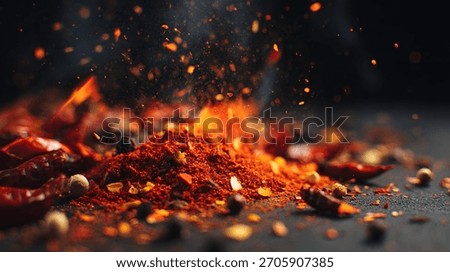 Dramatic macro shot of a fiery red chili powder mound erupting in glowing sparks and embers on a dark slate surface, surrounded by scattered dried red chilies, black peppercorns.