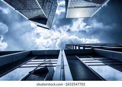 Dramatic Modern Architecture: A Low-Angle View of Urban Skyscrapers  