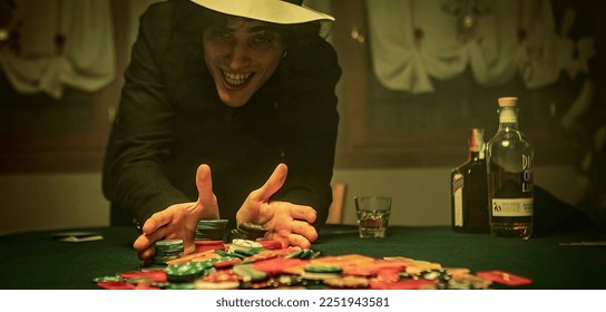 A dramatic moment in a high-stakes poker game as all the chips, or "fiches," are pushed forward, signaling an all-in bet. Representing the high stakes and the potential for a big payout. - Powered by Shutterstock