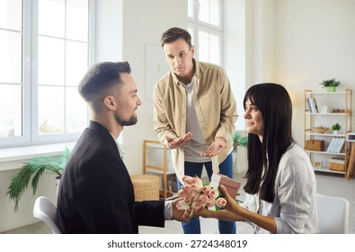 Dramatic moment of love triangle when man proposing to cheerful woman as another man looks shocked. Scene reflects jealousy, rivalry, romantic feelings and emotional relationship conflict.