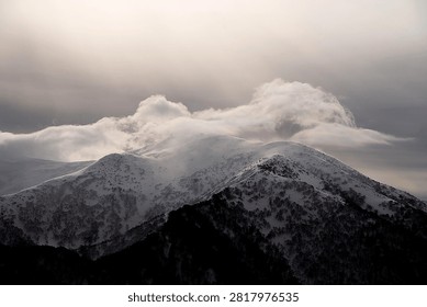 A dramatic and moody winter landscape featuring sweeping snow-covered mountain peaks. Thick, billowing white clouds cling heavily to the ridges, rolling gently over the summits in a soft, ethereal manner. A pale, diffused light filters through the overcast sky above, casting a subtle, glowing haze over the scene. The lower slopes are textured with dark, scattered evergreen trees, while the deep, shadowed foreground creates a strong, striking contrast with the bright snow, evoking a serene and untouched alpine wilderness.