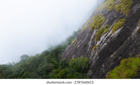 Dramatic mountain landscape featuring Pedra do Baú rising above dense fog and low clouds in the Serra da Mantiqueira region of southeastern Brazil. The massive rock formation dominates the scenery with steep walls and rugged terrain surrounded by forested hills and elevated peaks. Soft diffused light filters through mist covering the mountains, creating a cinematic atmosphere associated with adventure, exploration and remote highland environments.

The location is widely recognized for climbing, hiking and mountaineering activities, attracting visitors seeking outdoor experiences and panoramic views above the clouds. Trails crossing the mountainsides reveal changing weather conditions typical of high elevation regions, where fog and moving clouds constantly transform the scenery. The combination of dramatic relief, natural textures and expansive horizons creates a visually striking environment connected with ecotourism and adventure travel.

This scene was photographed at Pedra do Baú in the Serra da Mantiqueira, a famous destination in Brazil admired for rock climbing routes, mountain landscapes and scenic viewpoints surrounded by preserved nature in South America.