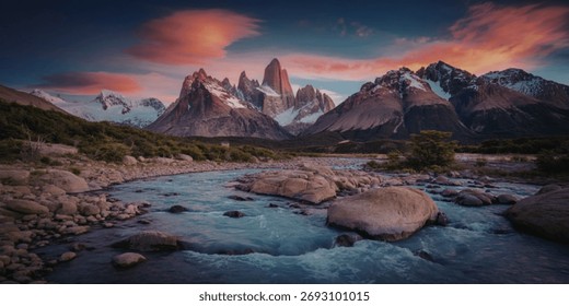 Dramatic mountain landscape with sharp peaks, a clear river, and vibrant clouds painted by a stunning sunset.