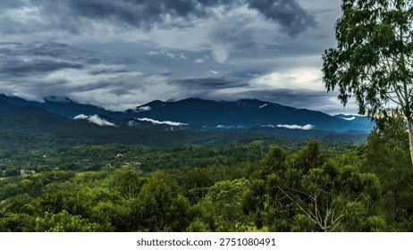 Dramatic mountain landscape with thick clouds over lush tropical forest valley. Scenic natural panorama with misty atmosphere and moody sky in Southeast Asia.