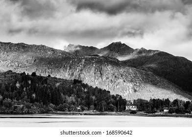 Dramatic mountain view in Lofoten islands, Norway, black and white photography