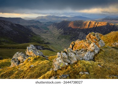 Dramatic mountain view overlooking Newlands Valley and Skiddaw seen from Dale Head in The Lake District National Park, UK.