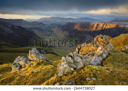 Dramatic mountain view overlooking Newlands Valley and Skiddaw seen from Dale Head in The Lake District National Park, UK.