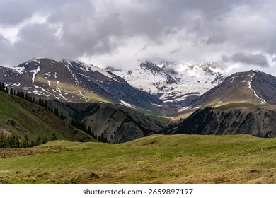 A dramatic mountains scenery under the cloudy sky