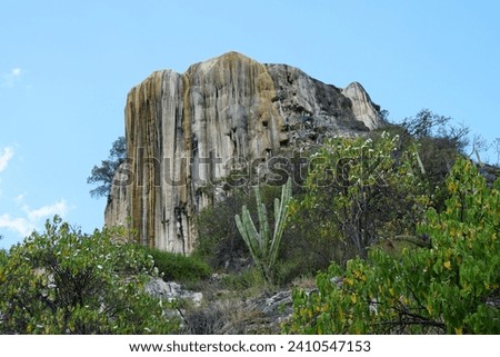 Dramatic natural rock formation with vertical striations, a unique geological feature surrounded by lush vegetation under a clear sky.