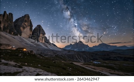 Dramatic night landscape of Tre Cime with glowing Milky Way, scenic Italian Dolomites stargazing and photography scene