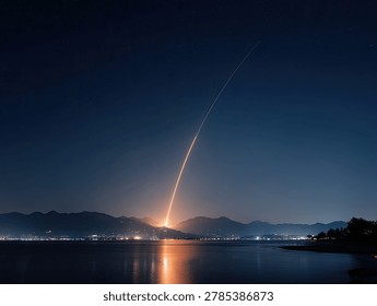 A dramatic night scene captures a rocket ascending into the dark sky, leaving a bright trail of light.