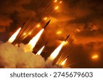Dramatic night scene of a massive ballistic missile strike. Multiple rockets ascending through thick smoke and fire into a glowing orange sky. Concept of Middle East conflict, war, and escalation.