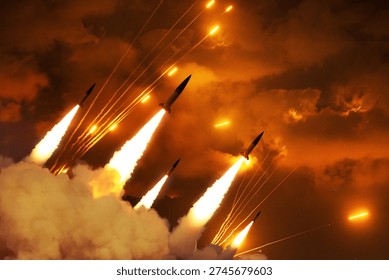 Dramatic night scene of a massive ballistic missile strike. Multiple rockets ascending through thick smoke and fire into a glowing orange sky. Concept of Middle East conflict, war, and escalation. - Powered by Shutterstock - Get 15% off with code: PIKWIZARD15