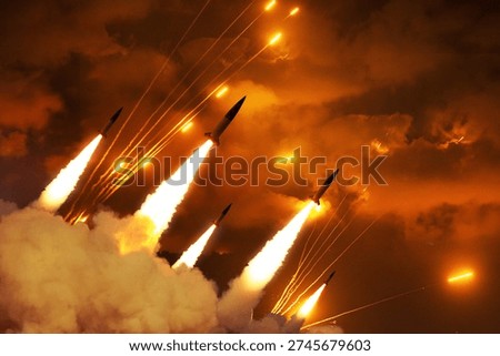 Dramatic night scene of a massive ballistic missile strike. Multiple rockets ascending through thick smoke and fire into a glowing orange sky. Concept of Middle East conflict, war, and escalation.