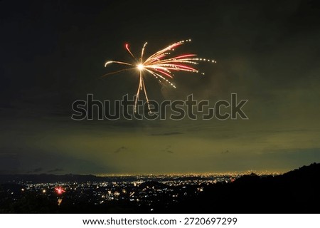 A dramatic night scene shows a bright firework bursting in the dark sky, overlooking a lit city skyline from a hillside. Perfect for celebrations, nightlife, and festive moments.