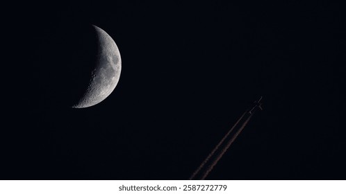 A dramatic nighttime scene of a crescent moon with an airplane leaving contrails against a dark sky.