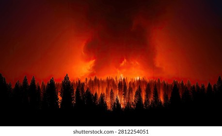 A dramatic nighttime scene of a forest fire, with bright orange flames engulfing trees and thick smoke rising into the dark sky.