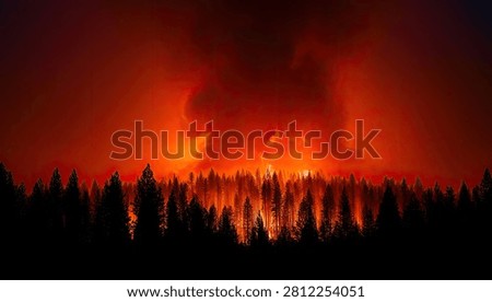 A dramatic nighttime scene of a forest fire, with bright orange flames engulfing trees and thick smoke rising into the dark sky.