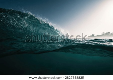 A dramatic ocean wave barrels forward, its translucent face catching the bright sunlight, creating a mesmerizing display of water and light.