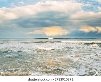 Dramatic Ocean Waves Under Stormy Clouds with Breaking Sunlight