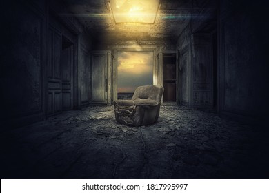 Dramatic Old Room Texture Background with old Chair horror 