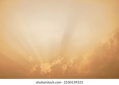 Dramatic orange sky with sunlit clouds creates ethereal abstract background. Tranquil beauty of sunset for inspirational imagery. Spiritual and nature-themed designs. Ideal for meditation apps.