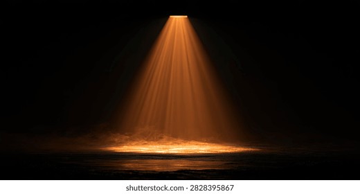 A dramatic orange spotlight shines down from above, creating a cone of light that illuminates a dark stage. The surface below reflects the light, adding depth and atmosphere.