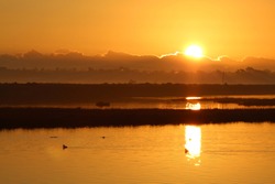 Dramatic Orange Sunrise In The Morning Over Water At Bolsa Chica Ecological Reserve California, USA