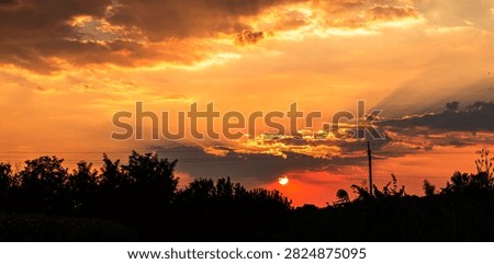 Dramatic Orange Sunset with Dark Storm Clouds and Sun Rays Above Tree Silhouettes