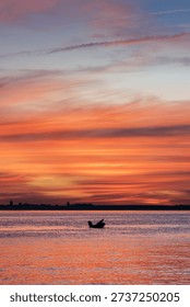 Dramatic orange sunset over calm water with silhouette