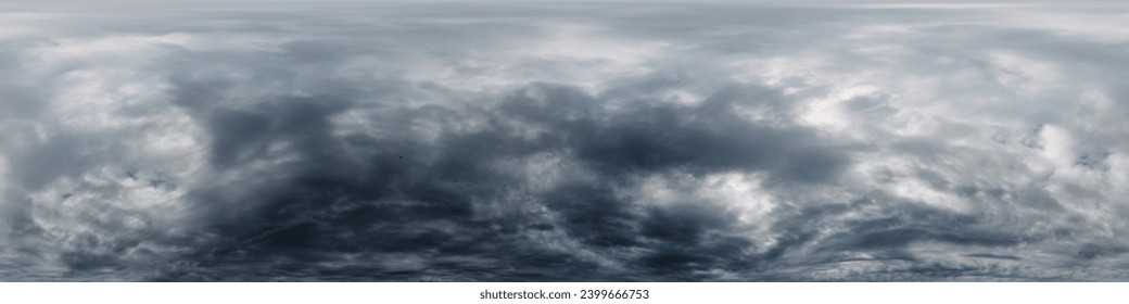 Dramatic overcast sky panorama with dark gloomy Cumulonimbus clouds. HDR 360 seamless spherical panorama. Sky dome in 3D, sky replacement for aerial drone panoramas. Weather and climate change concept