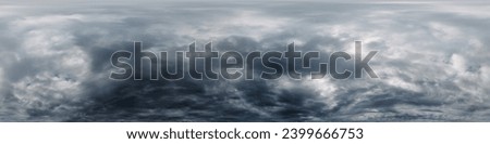 Dramatic overcast sky panorama with dark gloomy Cumulonimbus clouds. HDR 360 seamless spherical panorama. Sky dome in 3D, sky replacement for aerial drone panoramas. Weather and climate change concept