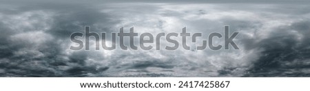 Dramatic overcast sky panorama with dark gloomy Cumulonimbus clouds. HDR 360 seamless spherical panorama. Sky dome in 3D, sky replacement for aerial drone panoramas. Weather and climate change concept