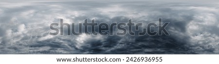 Dramatic overcast sky panorama with dark gloomy Cumulonimbus clouds. HDR 360 seamless spherical panorama. Sky dome in 3D, sky replacement for aerial drone panoramas. Weather and climate change concept