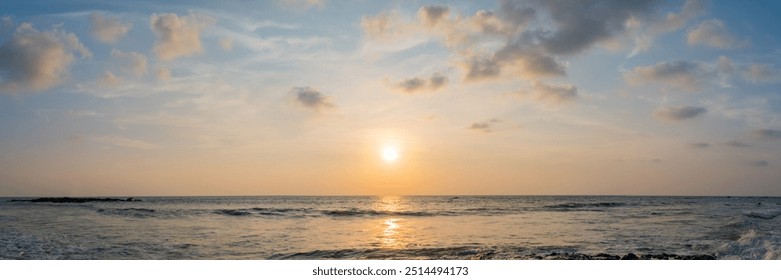 Dramatic panorama sky with cloud on sunrise and sunset time at a beach. Panoramic image.