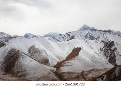 A dramatic panoramic view of a massive snow-covered mountain range with one prominent golden-colored hill and a cloudy sky in the background