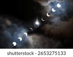 A dramatic photo of a total solar eclipse with a glowing corona framed by moody clouds. Perfect for astrology, astronomy, and spiritual or cosmic-themed designs. Eclipse phases captured April 4, 2024.