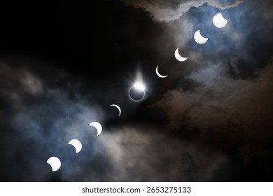 A dramatic photo of a total solar eclipse with a glowing corona framed by moody clouds. Perfect for astrology, astronomy, and spiritual or cosmic-themed designs. Eclipse phases captured April 4, 2024.