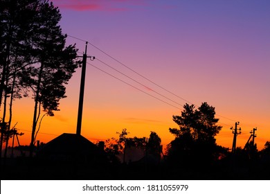 Dramatic Pink, Purple, Orange Sunrise, Sunset. Silhouette Trees Houses Power Lines In The Background. Selective Focus.