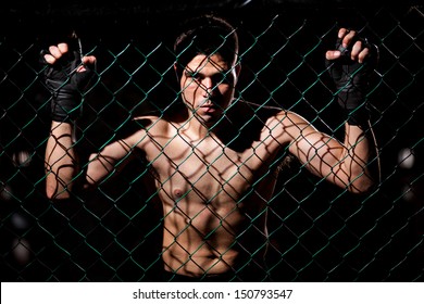 Dramatic Portrait Of A MMA Fighter Grabbing The Fighting Cage And Intimidating His Opponents