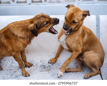 A dramatic and powerful action shot of two brown dogs fighting aggressively on a white concrete bench. The image captures sharp details of their snarling teeth, open mouths, and fierce expressions during a territorial dispute. Ideal for editorial stories, animal behavior articles, veterinary training, and conceptual metaphors about conflict and competition