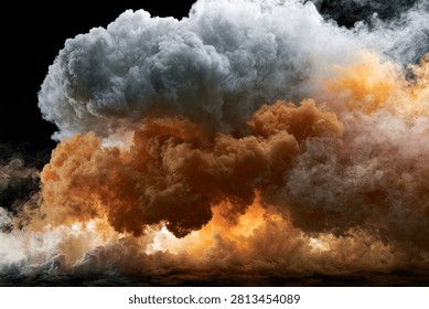 A dramatic and powerful explosion depicted by a massive cloud of dark smoke and fiery orange hues against a black background.