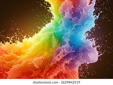 A dramatic rainbow-colored splash of paint captured mid-air.