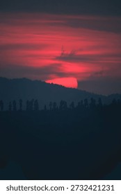 Dramatic Red and Blue Sunset Over Forested Valley Silhouettes
