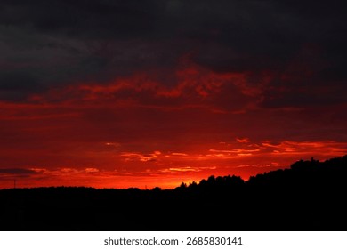 Dramatic red and orange sunset over silhouetted forest horizon