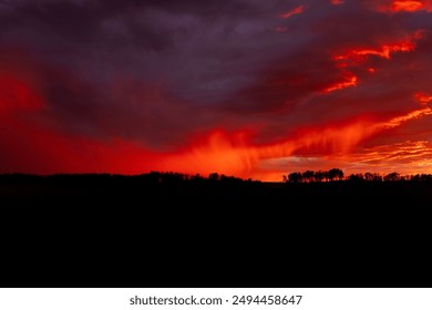 Dramatic red and purple summer sunset over the field with silhouettes of trees in the horizon and pouring rain from the cloud. - Powered by Shutterstock