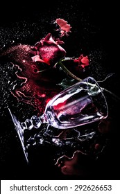 Dramatic A Red Rose With Wine Glass On Blood